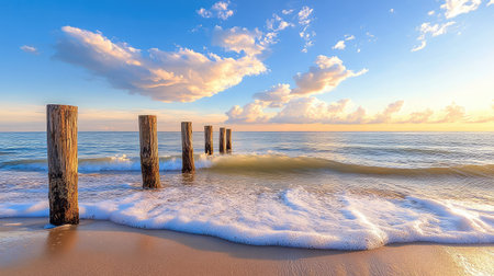 Ocean waves roll softly around timeworn pilings, under a sky brushed with light clouds, evoking coastal serenityの素材