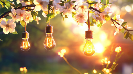 Conceptual image of tree branches blooming with bright, glowing lightbulbs, illustrating ideas blossoming and creative energyの素材