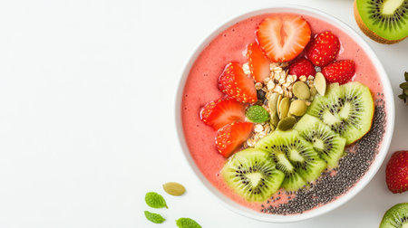Vibrant smoothie bowl bursting with colors from kiwi, strawberry, papaya, and seeds, styled minimally on a clean white background for fresh health food visualsの素材