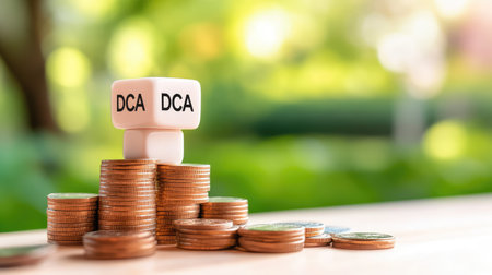 A visual metaphor of monthly investing: "DCA" cube balanced on rising coin stacks, reinforcing smart financial behaviorの素材