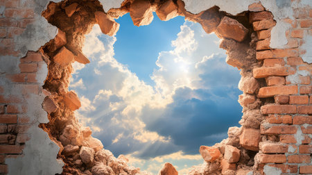 A hole in a weathered brick wall opens to a dark cloudy sky, evoking mystery, defiance, or a moment of releaseの素材