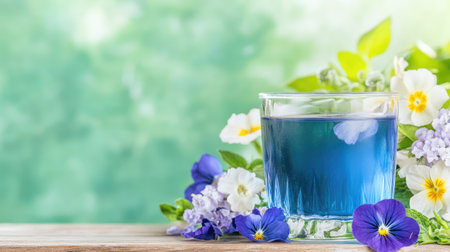A glass of vibrant blue butterfly pea tea surrounded by fresh flowers on a wooden table, set against a soft green background.の素材