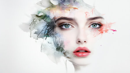 Artistic mixed media image of a woman face with ink splatters and expressive brushstrokes, conveying deep emotional struggle and mental health awarenessの素材