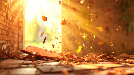 Abstract destruction of ceramic roof tiles by bright light, highlighting contrasts in material and conceptの素材