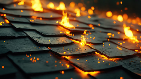 Crumbling ceramic shingles with dramatic lighting burst, symbolizing transformation or structural collapseの素材