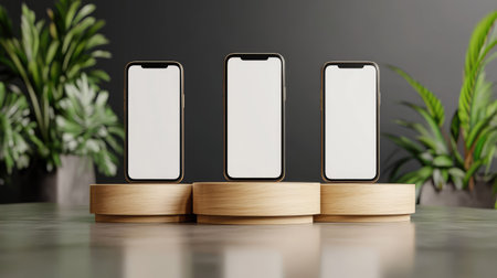 Minimalist smartphone mockup featuring three phones resting on wooden podiums, blank screens facing forward, set against a sleek dark and elegant backgroundの素材