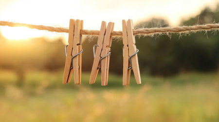 Close-up of vintage wooden clothespins on weathered twine, emphasizing homestead beautyの素材