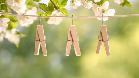 Gentle focus on wooden clothespins hanging freely, surrounded by natural textures in soft tonesの素材