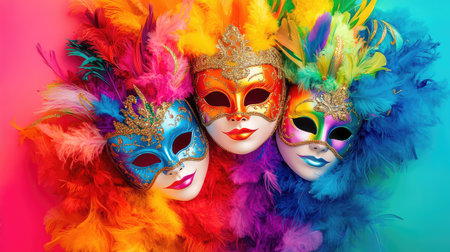 Festive carnival masks with elaborate designs and flamboyant feathers resting on a richly colored surface, radiating joyの素材