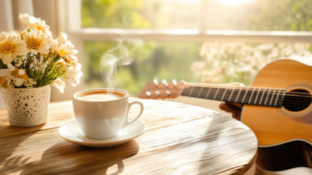 Cozy rustic coffee setup with steaming coffee cup on weathered wood table, guitar leaning against chair, perfect for a chill, relaxed lifestyle vibeの素材