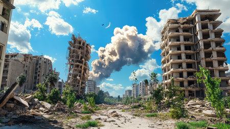 City ruins with collapsed residential buildings, powerfully representing the devastation and human suffering caused by war and crisisの素材