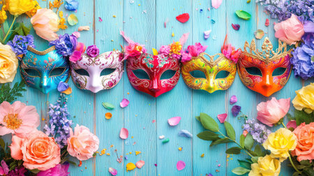 A vibrant assortment of masquerade masks laid out on a table, each one uniquely decorated with festive flair and lively colorsの素材