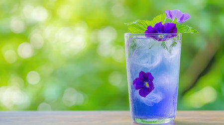 Glass of butterfly pea tea with floating flowers, resting on a wooden table, complemented by a lush green backdrop.の素材