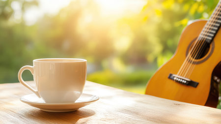 Rustic wood table with warm coffee cup and guitar resting nearby, evoking casual relaxation, creativity, and cozy lifestyle momentsの素材