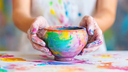 Close-up of clay-covered hands shaping a vessel, with vibrant hues illuminating the art processの素材