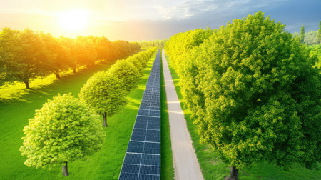 Aerial perspective of solar panels in a vibrant, tree-lined setting, merging technology with ecological beautyの素材
