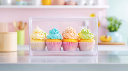 Colorful frosted cupcakes visible through a sealed clear box, sitting on a polished kitchen counterの素材