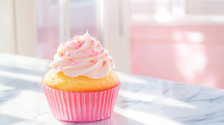 Cupcakes with frosting in an airtight container resting on a marble kitchen counter, lit by soft daylightの素材