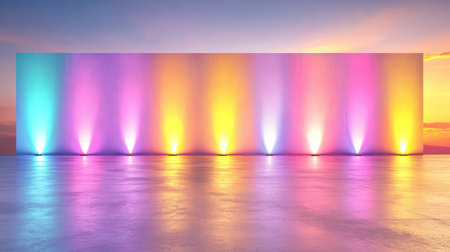 Professional studio backdrop illuminated with vivid colored lights, casting dynamic shadows and gradients across a seamless backgroundの素材