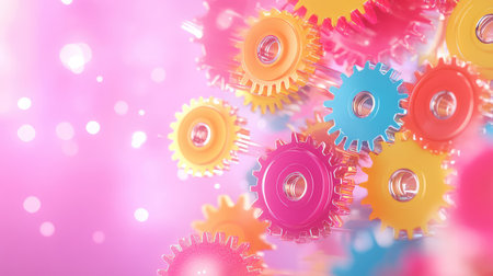 Artistic composition of colorful gears meshed in motion, metallic textures glistening under studio lightsの素材