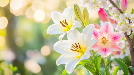Delicate Easter lilies, tulips, and cherry blossoms in a quiet garden, gently lit by soft morning sunlight, evoking tranquility and renewalの素材
