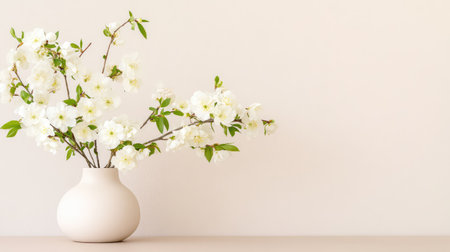 Elegant white blossoms in a sleek, matte ceramic vase placed on a neutral tabletop, embodying minimalist floral designの素材