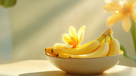 A close-up of ripe yellow bananas in a ceramic fruit bowl, highlighting the natural peel texture under soft daylightの素材