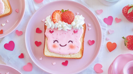 Adorable pastel pink toast with a cheerful face, whipped cream topping, and strawberry drizzle on a cute ceramic plate, surrounded by heartsの素材