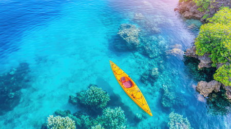 Bright yellow kayak floating peacefully in crystal-clear turquoise waters, surrounded by coral reefs and soft sunlight reflectionsの素材
