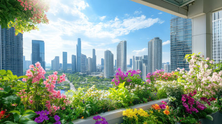 Balcony view of blooming plants and modern skyscrapers, blending urban life with natural beautyの素材