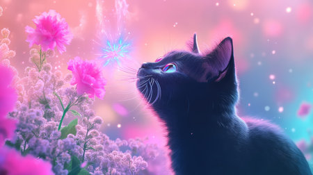 Otherworldly black cat radiating magical energy, illuminated by dual-tone pink and blue neon lightの素材