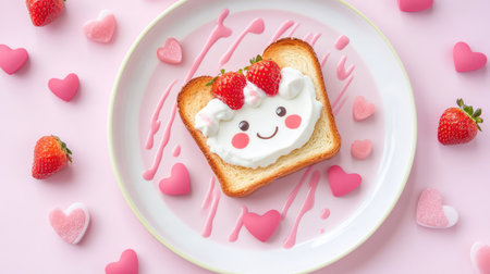 Adorable pastel pink toast with a cheerful face, whipped cream topping, and strawberry drizzle on a cute ceramic plate, surrounded by heartsの素材