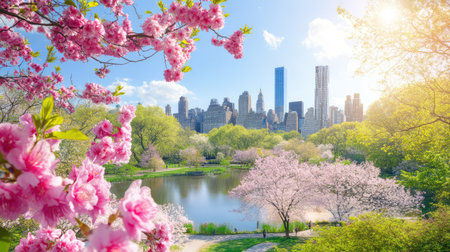 Blooming trees in a bustling city park with walking trails, water features, and skyscrapers glinting in the sunの素材