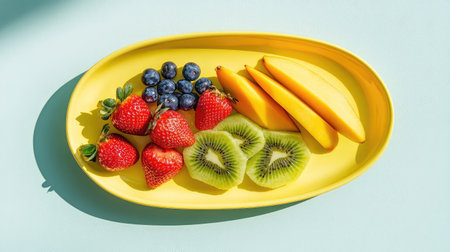 Bright yellow oval plate with a colorful mix of strawberries, kiwi slices, blueberries, and mango for a fresh, tropical vibeの素材
