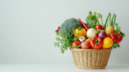 Colorful produce basket filled with crunchy vegetables, photographed against a stark white background for clarityの素材