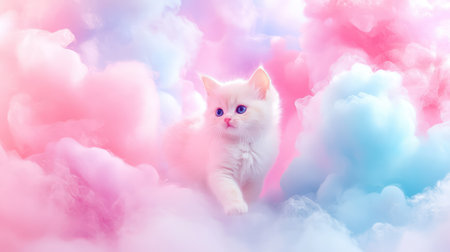 Adorable kitten walking through a magical cloud of pink and blue neon vapor, softly lit from all sidesの素材