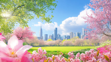 A perfect spring day in a colorful park with blossoms in full bloom and a glassy urban skyline beyondの素材