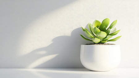 Clean and modern 3D illustration of a healthy succulent in a glossy white planter, staged against a monochrome gray wallの素材