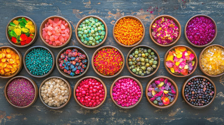 Overhead shot of craft beads in mosaic dishes, forming a kaleidoscope of color and textureの素材