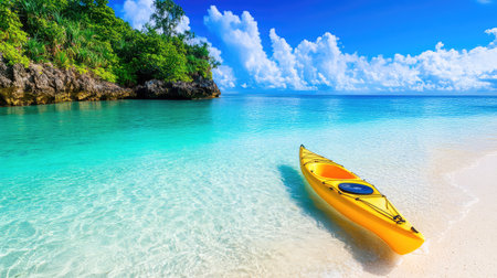Serene beach moment with a yellow kayak floating in clear turquoise water, surrounded by soft waves and tropical stillnessの素材