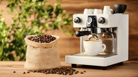 Fresh coffee scene with beans in a jute bag near a barista-style espresso machine ready for brewingの素材