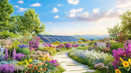 Sustainable garden scene with solar panels integrated among colorful flowers and healthy green plants under blue skiesの素材