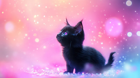 Magical black cat with shimmering fur reflecting neon hues, standing in a futuristic glowing pink and blue lightの素材