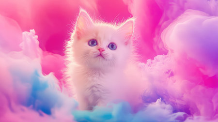 Fluffy white kitten striding confidently through a cloud of vibrant pink and blue neon smoke in a dark, dreamy settingの素材