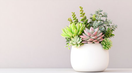 Isolated 3D scene of a modern succulent arrangement in a clean white container with neutral gray background for copy spaceの素材