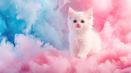 Fluffy white kitten striding confidently through a cloud of vibrant pink and blue neon smoke in a dark, dreamy settingの素材