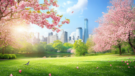 Tranquil green park alive with blossoms, birds, and sunlight, resting at the foot of a contemporary downtown skylineの素材
