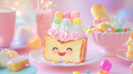Whimsical pastel food concept featuring smiling pink toast with whipped cream and candy decor, styled in kawaii caf setupの素材
