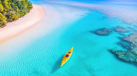 Minimalist aerial view of yellow kayak in crystal waters, revealing submerged patterns and reef textures beneath the surfaceの素材