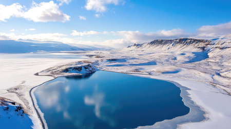 Aerial shot of icy caldera in Iceland, vast snow-covered volcanic landscape perfect for winter travel brochuresの素材